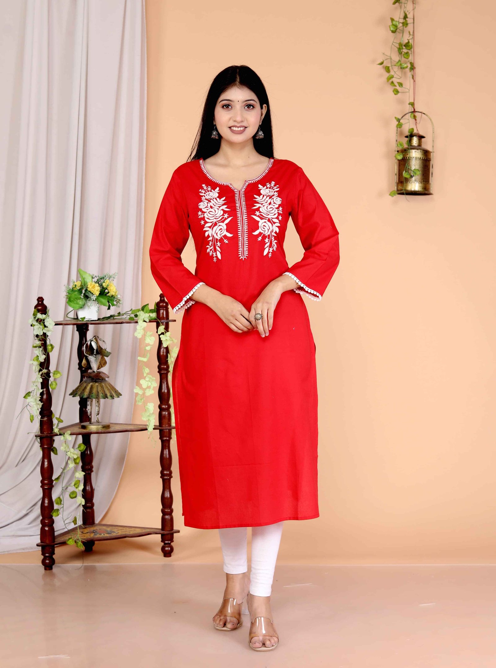 Red  Cotton Straight Kurta with white  Floral Yoke Embroidery”